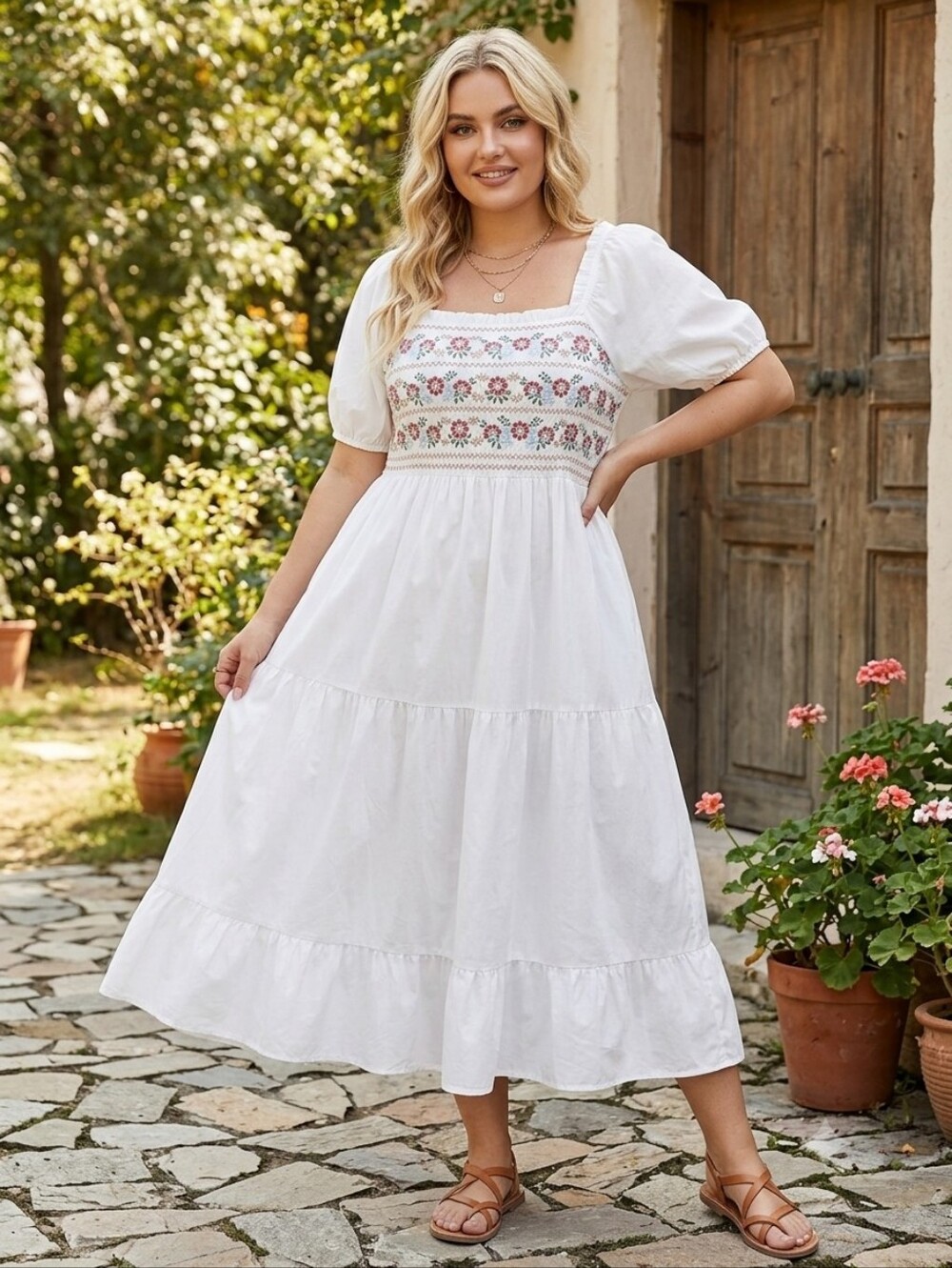 ​One Loved Babe 1X 1XL White Smocked Embroidered Puff Sleeve Maxi Dress